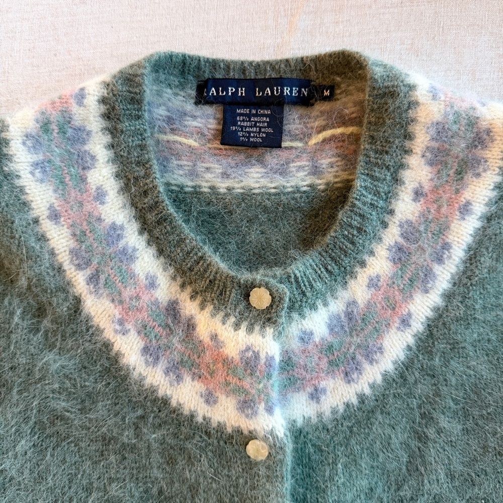 Ralph Lauren Blue Label c. 1990s Angora Fair Isle Cardigan Sweater Celadon | S - Picture 5 of 5